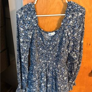 Blue Floral Long-Sleeve Smocked Romper
